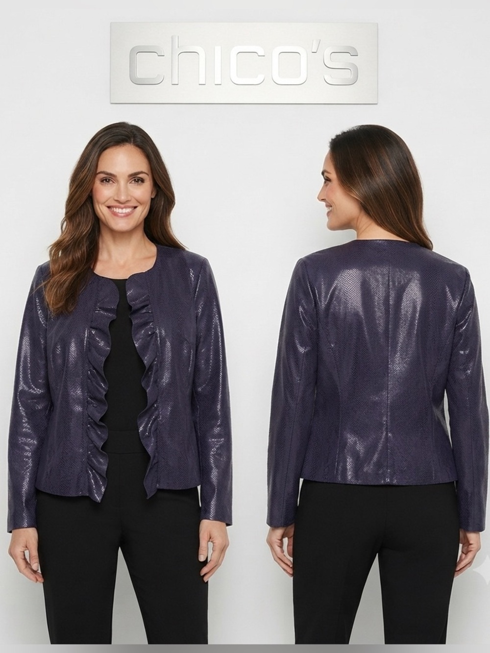 Chico’s Gerri Shiny Snake Purple Faux Leather Ruffled Open Front Jacket 2